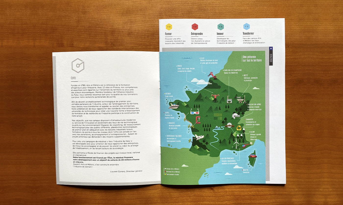 Double pages intérieures Éditorial et Carte de la plaquette de mécénat des Arts et Métiers