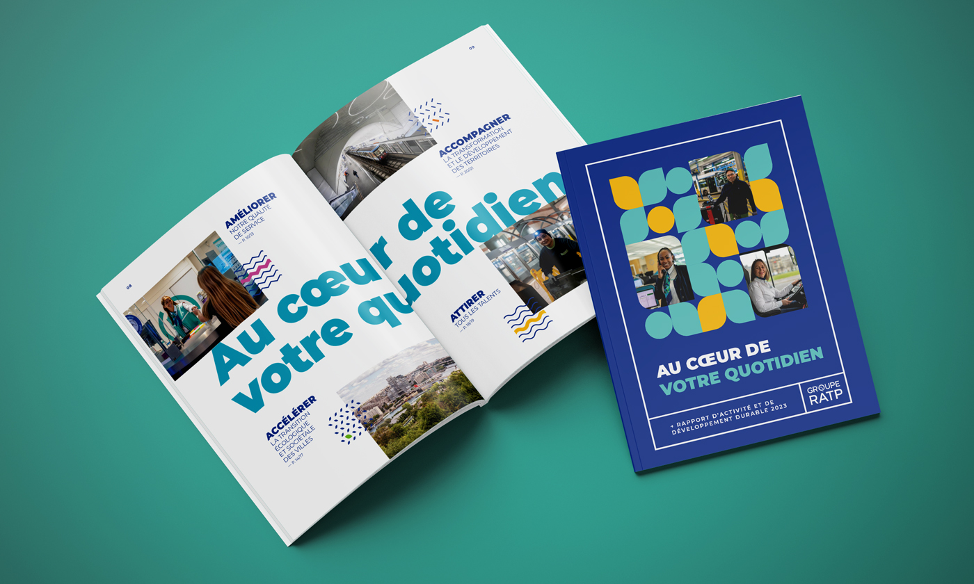 Couverture et double pages intérieures d'ouverture Au cœur de votre quotidien du rapport d’activité 2023 du Groupe RATP