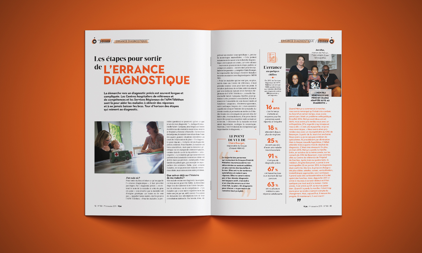 Double pages intérieures Dossier du magazine d’information sur les maladies neuromusculaires (VLM) de l’AFM-Téléthon