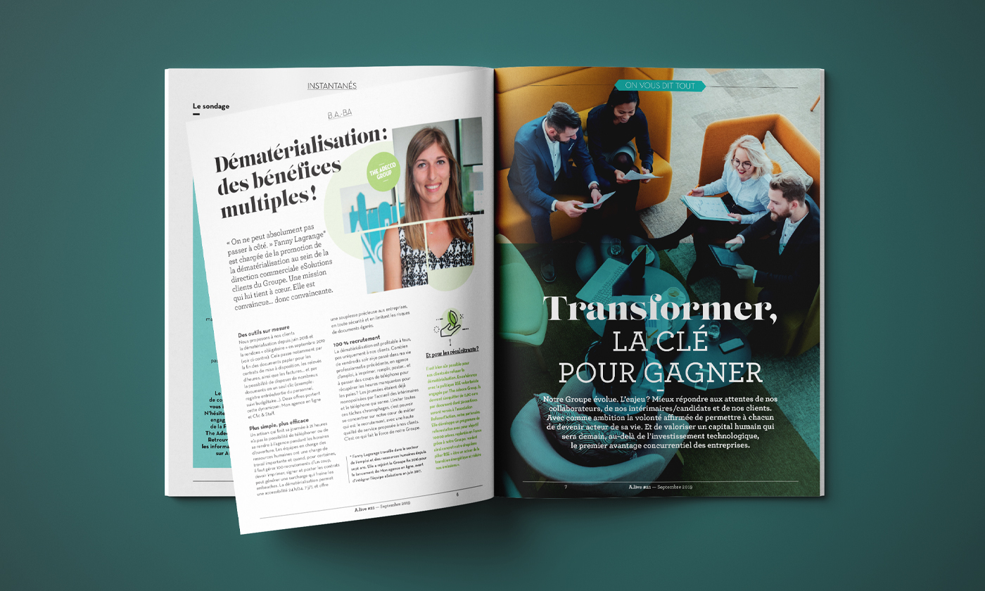 Double pages intérieures Ouverture du Dossier du magazine interne de The Adecco Group