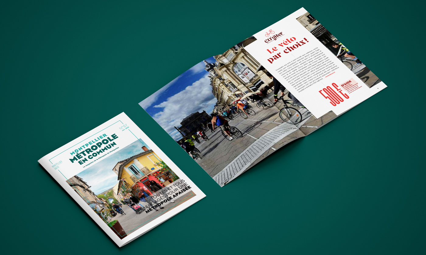 Couverture et double pages intérieures du Dossier du magazine mensuel de la Métropole de Montpellier