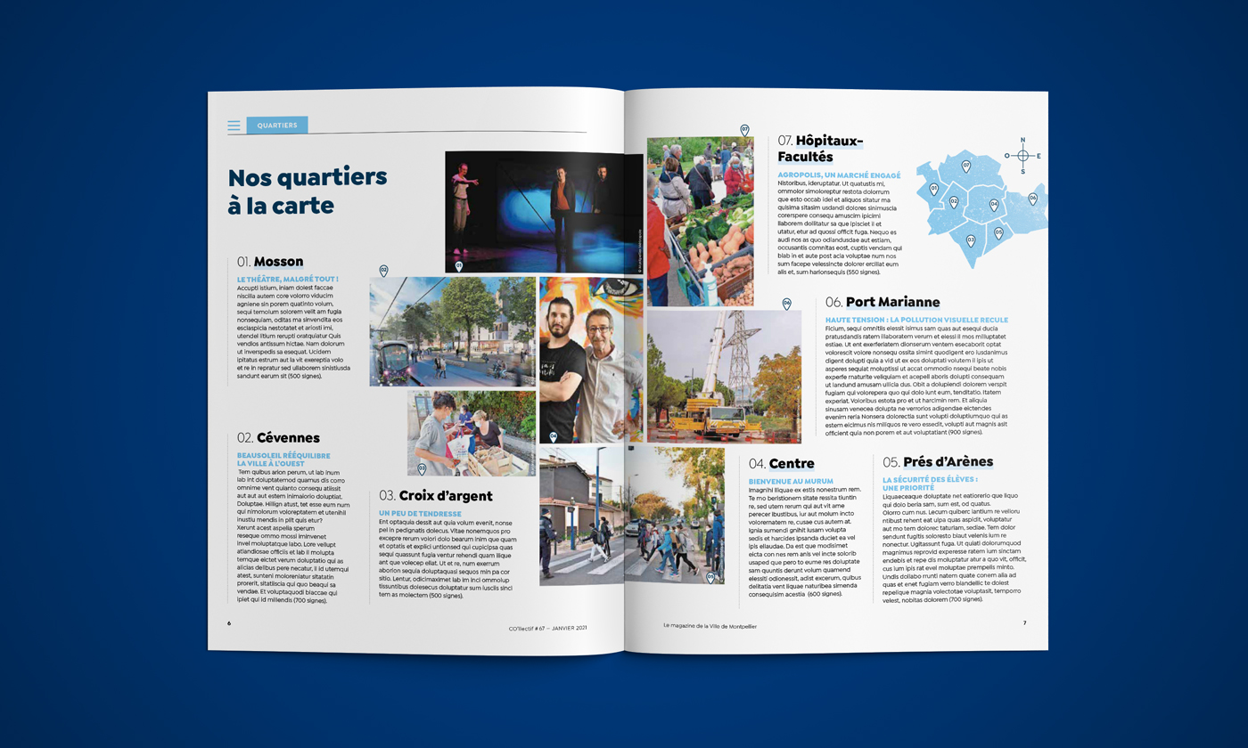 Double pages intérieures Quartiers du magazine mensuel de la Ville de Montpellier